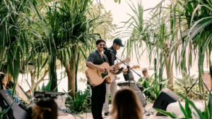 Lago acoustic live music on Sundays at Dawn, Nusa Dua. Wide shot of band.