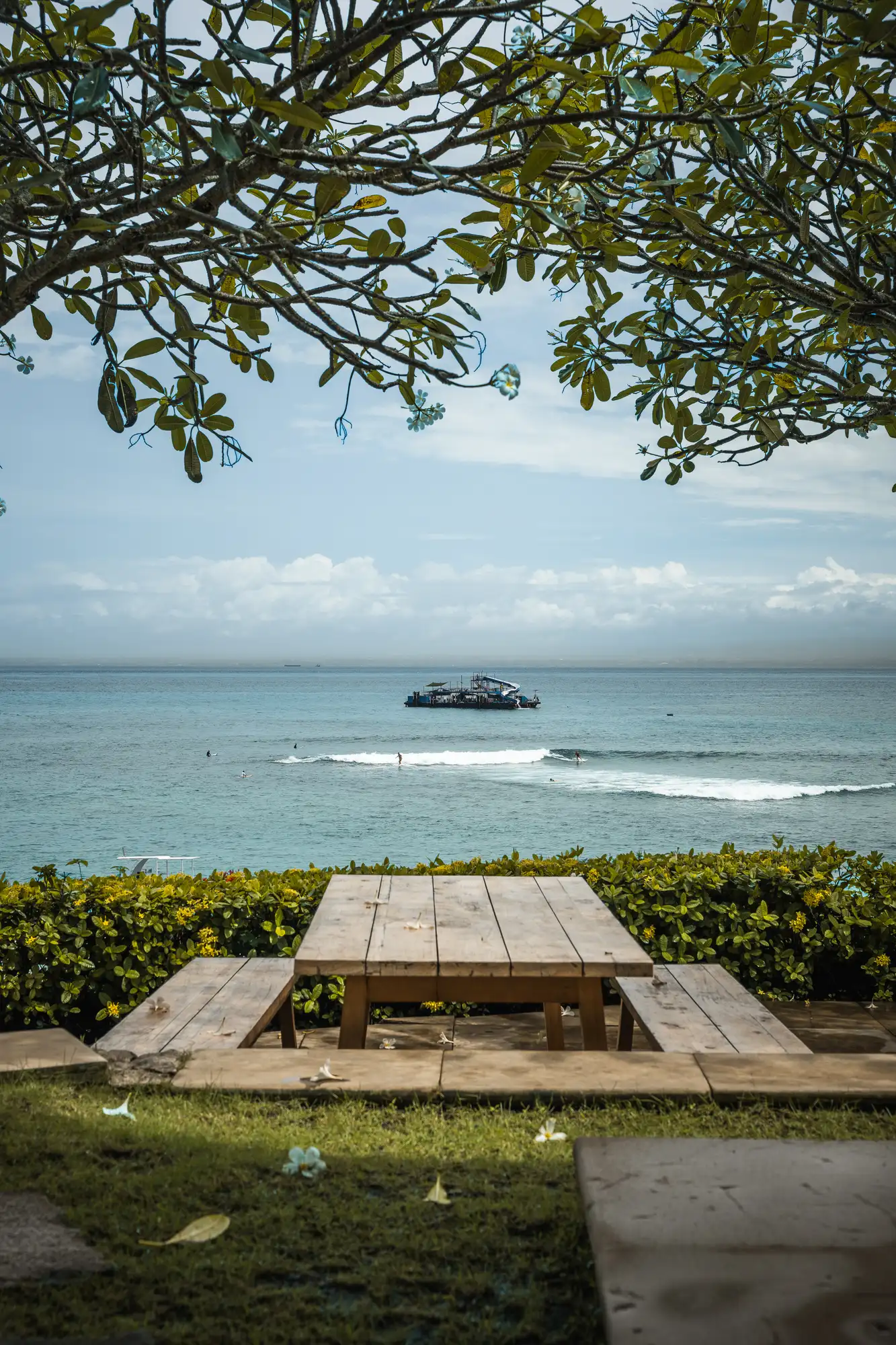 Picnic table under a frangipani tree looking to the surf break off Song Lambung at Lago Beach House