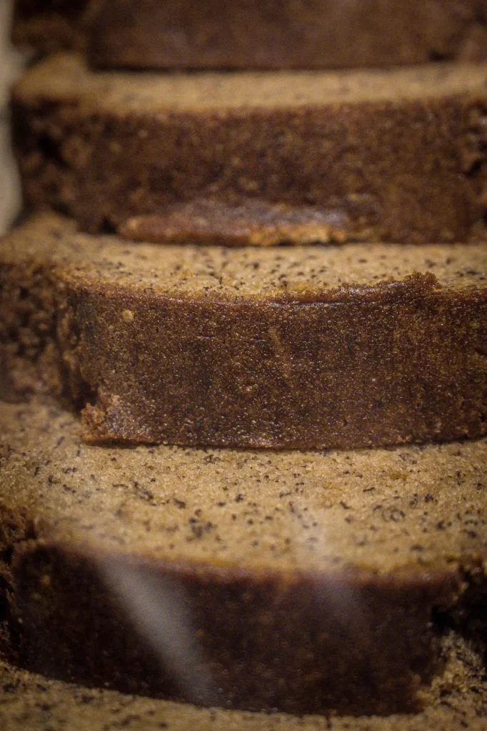 Close-up of sliced poppy-seed loaf at Dawn cafe Lago Nusa Lembongan